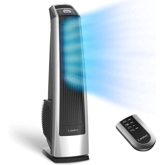 Lasko Oscillating High Velocity Tower Fan, Remote Control, Timer, 3 Powerful Speeds, for Garage, Basement and Gym, 35" Silver and Black, U35115
