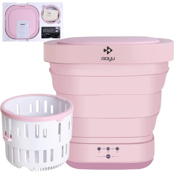 Portable Washing Machine Mini Washer with Drain Basket, Foldable Small Washer for Underwear, Socks, Baby Clothes, Towels, Delicate Items (Pink)