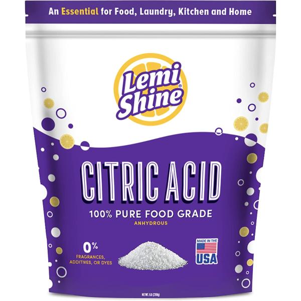 Lemi Shine 100% Citric Acid 5 Pound Bag l Pure Food-Grade Flavor Enhancer & All-Natural Preservative | Fragrance Free Citric Acid for Bath Bombs, Cooking, Canning, & Homemade Cleaning Supplies