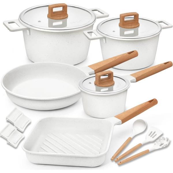 Nonstick Cookware Set Non Toxic 100% PFOA Free Compatible Induction Pots and Pans Sets with Glass Lids (PACK-15-WHITE)