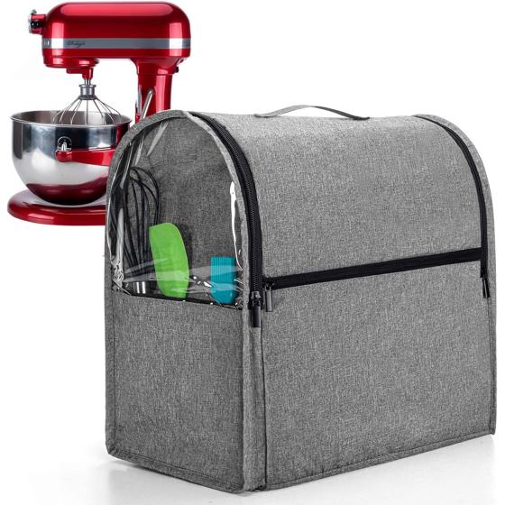 Luxja Dust Cover for 6-8 Quart KitchenAid Mixers (with Clear Side Zipper Pockets), Dust Cover with Top Handle for 6-8 Quart Stand Mixers and Extra Accessories, Gray