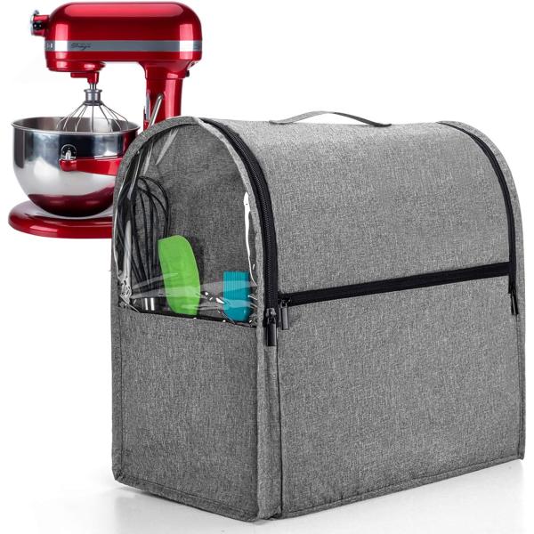 Luxja Dust Cover for 6-8 Quart KitchenAid Mixers (with Clear Side Zipper Pockets), Dust Cover with Top Handle for 6-8 Quart Stand Mixers and Extra Accessories, Gray
