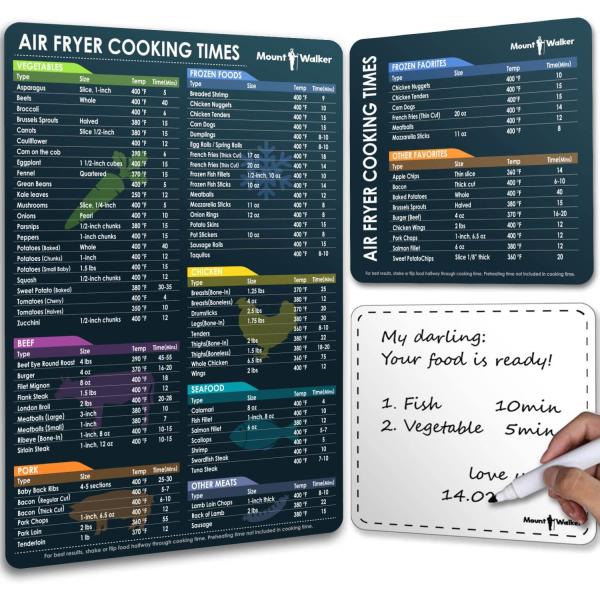 Mount Walker Air Fryer Magnetic Cheat Sheet Set (1 Set of 3 Pcs) - Air Fryer Accessories Recipe Cards, Air Fryer Cookbook with Cook Time, Kitchen Accessories with Dry Erase Fridge Whiteboard, Black