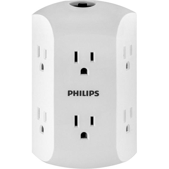 Philips Accessories 6-Outlet Extender, Resettable Circuit Breaker, Adapter Spaced Outlets, 3-Prong, Side Access, Grounded Wall Tap, Quick and Easy Install, White, SPS1460WA/37