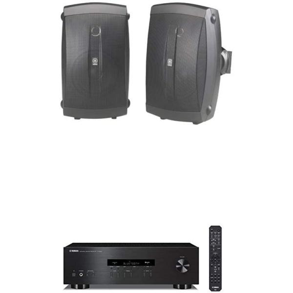 Yamaha NS-AW150BL 2-Way Indoor/Outdoor Speakers (Pair, Black) - Wired with Yamaha R-S202BL Stereo Receiver