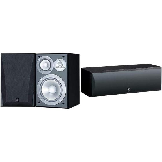 YAMAHA NS-6490 3-Way Bookshelf Speakers Finish (Pair) Black Bundle NS-C210BL Center Channel Speaker, Black