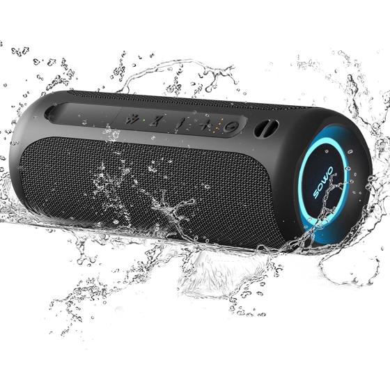 Portable Speaker, Wireless Bluetooth Speaker, IPX7 Waterproof, 25W Loud Stereo Sound, Bassboom Technology, TWS Pairing, Built-in Mic, 16H Playtime with Lights for Home Outdoor - Black