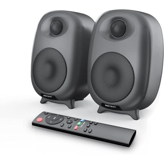 BESTISAN 50 Watt Powered Bookshelf Speakers with Bluetooth 5.0 and Wired Optical RCA Input Port, Bass and Treble Adjustable, Deep Bass, 3 Audio Mode Design, Remote Control