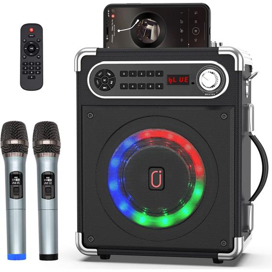 JAUYXIAN Bluetooth Speaker with Two Wireless Microphones, Outdoor Speaker with Subwoofer/Tweeter, Portable PA Speaker System with Remote Control, Discol Lights, FM, REC for Home, Party