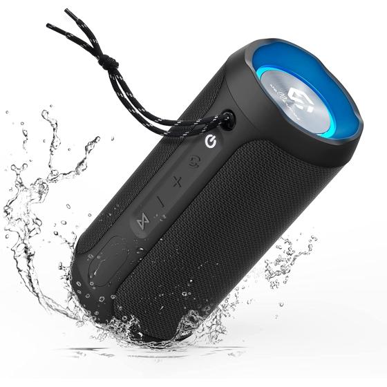 Bluetooth Speakers Portable Wireless Speaker with Subwoofer, 20W TWS Stereo Speaker with 8H Playtime, IP67 Waterproof Bluetooth Speaker with Lights, Microphone (Black)