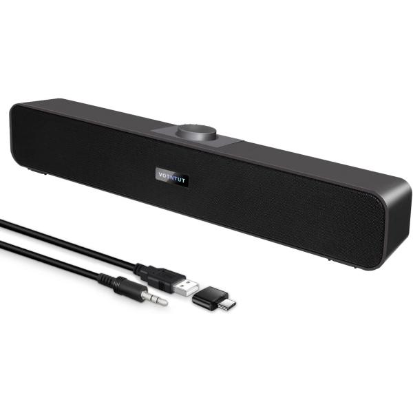 VOTNTUT Computer Speakers,Wired USB Desktop Speaker,Stereo USB Powered Mini Sound Bar Speaker for PC Tablets Desktop Laptop MP3 Mac Air/Pro((USB-C to USB Adapter Included)