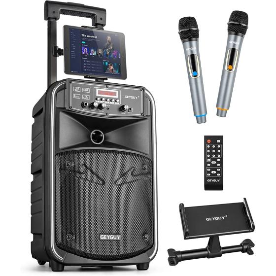 Portable Bluetooth PA System with Wireless UHF Microphone, 8 inch Rechargeable Karaoke Machine,8 inch Subwoofer,FM/LED/TWS/LINE in (GTSK8-2)