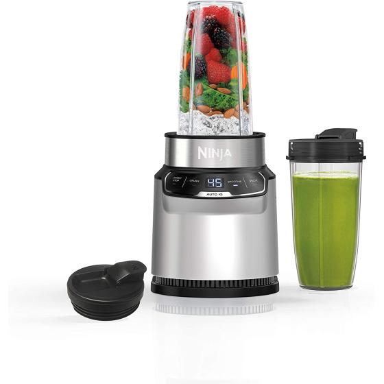 Ninja BN401 Nutri Pro Compact Personal Blender, Auto-iQ Technology, 1100-Peak-Watts, for Frozen Drinks, Smoothies, Sauces & More, with (2) 24-oz. To-Go Cups & Spout Lids, Cloud Silver