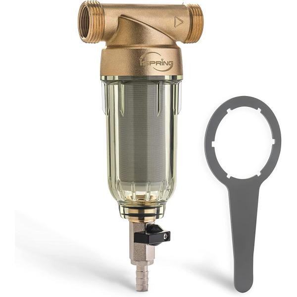 iSpring WSP-50 Reusable Whole House Spin Down Sediment Water Filter, 50 Micron Flushable Prefilter Filtration, 1" MNPT + 3/4" FNPT, Lead-Free Brass