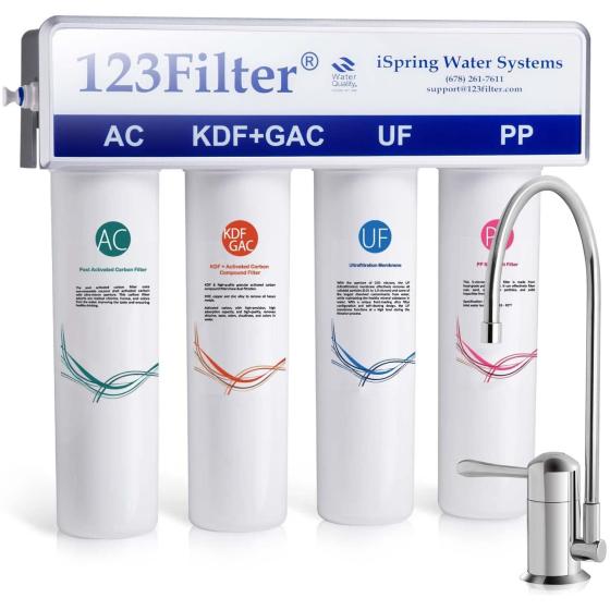 iSpring CU-A4 0.01μm Ultra-Filtration Under Sink Water Filter System, Tankless 4-Stage High Capacity, Remove 99.99% Contaminants, Quick Filter Change with Chrome Faucet, White