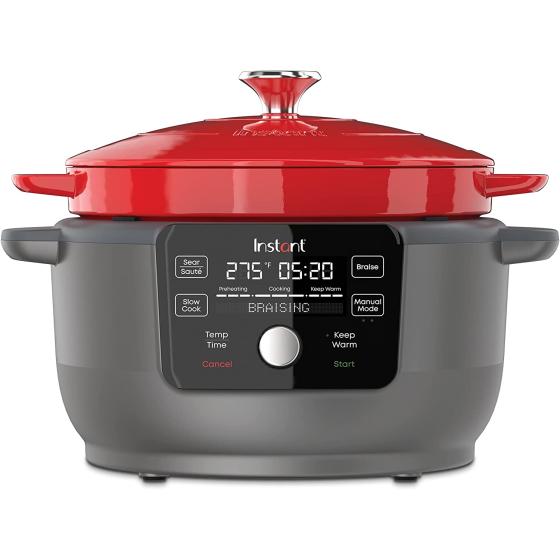Instant Pot, 6-Quart 1500W Electric Round Dutch Oven, 5-in-1: Braise, Slow Cook, Sear/Sauté, Cooking Pan, Food Warmer, Enameled Cast Iron, Free App With 50 Recipes, Perfect Wedding Gift, Red
