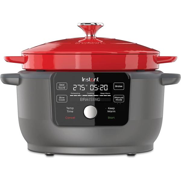 Instant Pot, 6-Quart 1500W Electric Round Dutch Oven, 5-in-1: Braise, Slow Cook, Sear/Sauté, Cooking Pan, Food Warmer, Enameled Cast Iron, Free App With 50 Recipes, Perfect Wedding Gift, Red