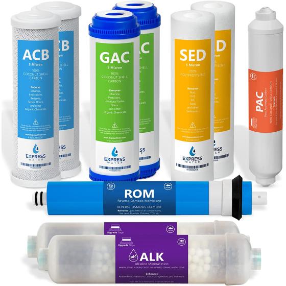 Express Water – 1 Year Alkaline Reverse Osmosis System Replacement Filter Set – 10 Filters with 50 GPD RO Membrane – 10 inch Size Water Filters