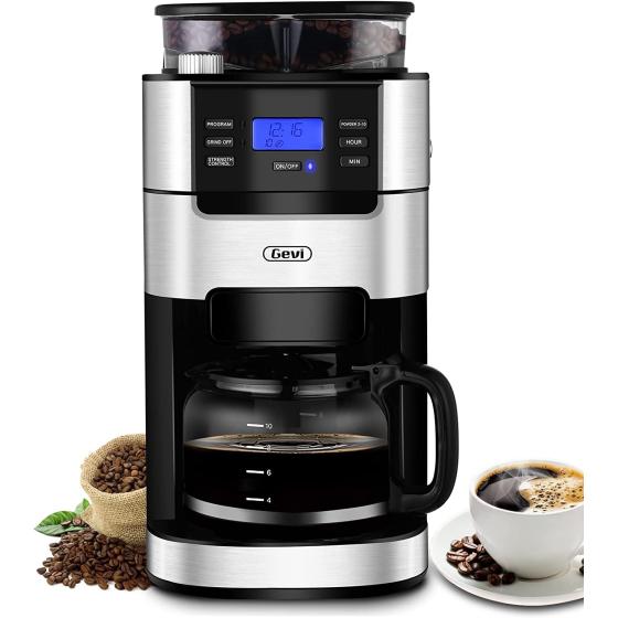 10-Cup Drip Coffee Maker, Grind and Brew Automatic Coffee Machine with Built-In Burr Coffee Grinder, Programmable Timer Mode and Keep Warm Plate, 1.5L Large Capacity Water Tank,900W, Black