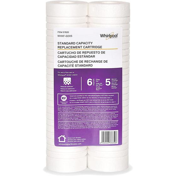 Whirlpool Whole Home Standard Capacity Sediment Filters WHKF-GD05, 2 Pack, 5 Micron, 6-Month Filter Life, Reduces Sediment, Sand, Soil, Silt & Rust, for standard filter housings