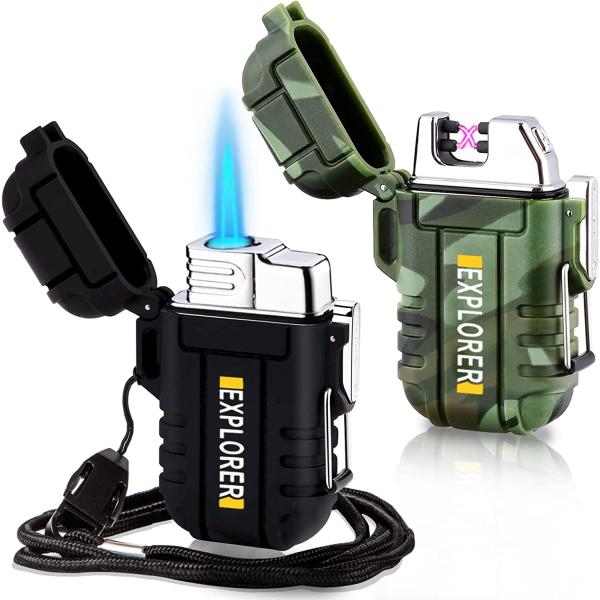 2 Pack Waterproof Lighter Outdoor Windproof Torch Lighter Dual Arc Lighter Butane Electric Lighter USB Rechargeable Lighter Flameless Plasma Lighter Camping Hiking Adventure Survival Tactical Gear