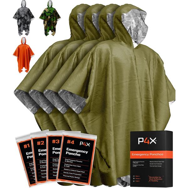 PREPARED4X Emergency Rain Poncho with Mylar Blanket Liner - Survival Blankets for Car - Heavy Duty, Waterproof Camping Gear, Tactical Prepper Supplies