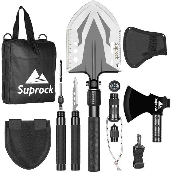 Suprock Survival Shovel High Carbon Steel Tactical Shovel Axe Military Folding Entrenching Tool Camping Hiking Camping Shovel Carrying Pouch Car Emergency Survival Gear (Black)