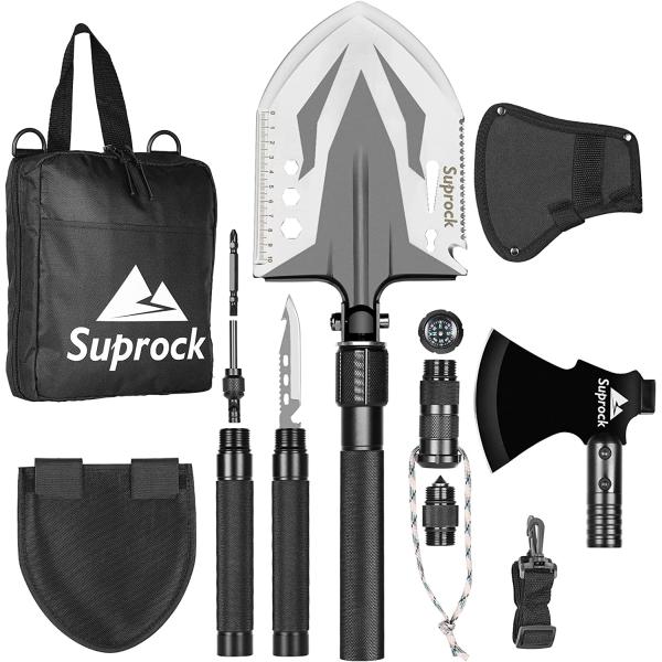 Suprock Survival Shovel High Carbon Steel Tactical Shovel Axe Military Folding Entrenching Tool Camping Hiking Camping Shovel Carrying Pouch Car Emergency Survival Gear (Black)