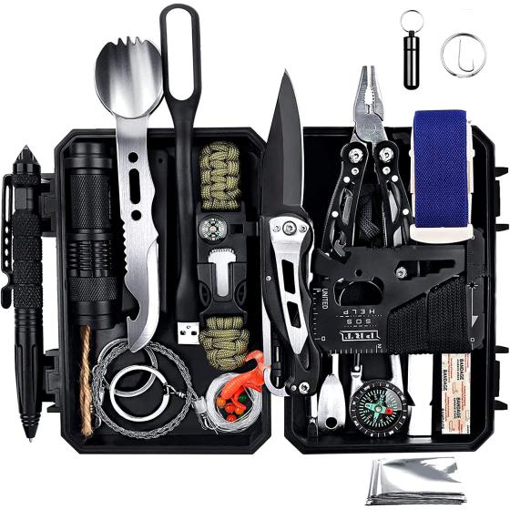 ANTARCTICA Emergency Survival Gear Kits 60 in 1, Outdoor Survival Tool with Emergency Bracelet Whistle Flashlight Pliers Pen Wire Saw for Camping, Hiking, Climbing,Car
