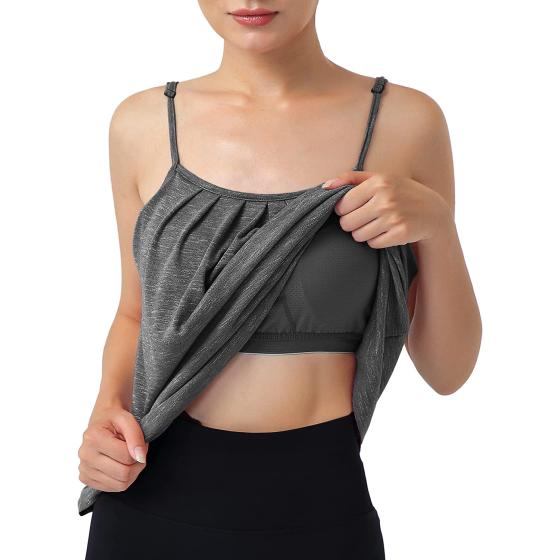 Hibelle Womens Built in Bra Camisole with Adjustable Spaghetti Straps,Pleated Front Flowy Summer Casual Tank Tops