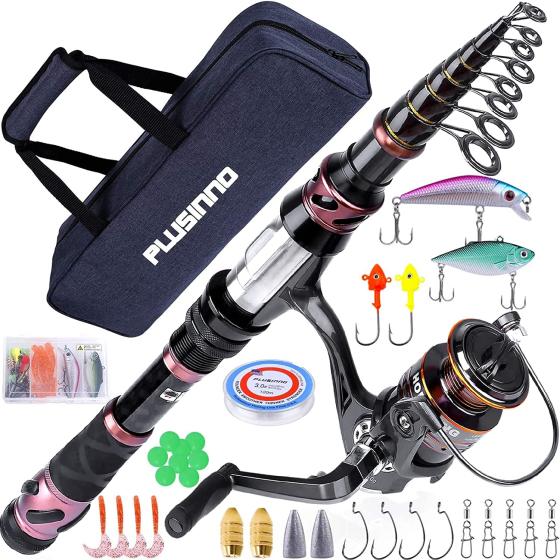 PLUSINNO Fishing Rod and Reel Combos - Carbon Fiber Telescopic Fishing Pole - Spinning Reel 12 +1 Shielded Bearings Stainless Steel BB