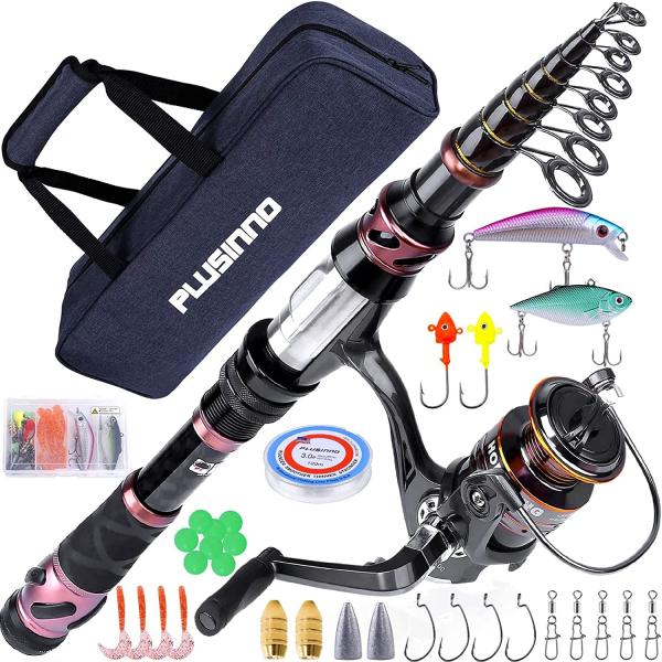 PLUSINNO Fishing Rod and Reel Combos - Carbon Fiber Telescopic Fishing Pole - Spinning Reel 12 +1 Shielded Bearings Stainless Steel BB
