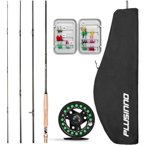 PLUSINNO Fly Fishing Rod and Reel Combo, 4 Piece Lightweight Ultra-Portable Graphite Fly Rod 5/6 Complete Starter Package with Carrier Bag