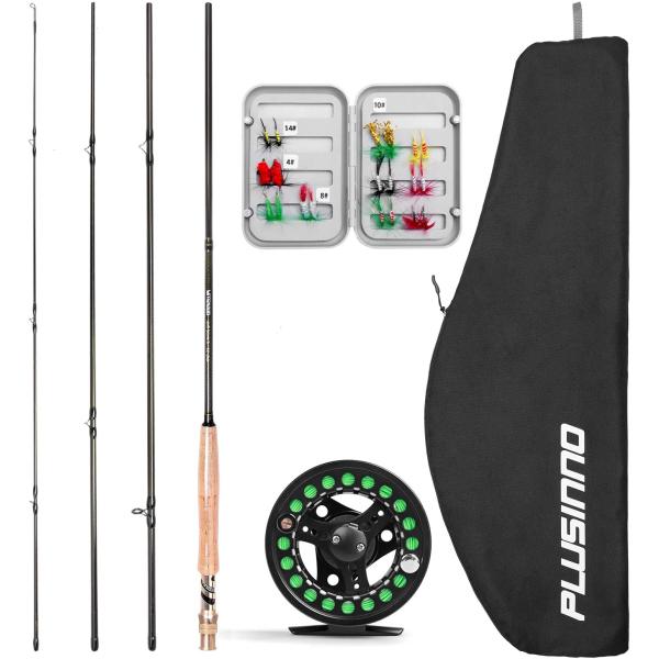 PLUSINNO Fly Fishing Rod and Reel Combo, 4 Piece Lightweight Ultra-Portable Graphite Fly Rod 5/6 Complete Starter Package with Carrier Bag