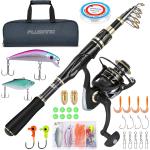 PLUSINNO Fishing Rod and Reel Combos Set,Telescopic Fishing Pole with Spinning Reels, Carbon Fiber Fishing Rod for Travel Saltwater Freshwater Fishing…