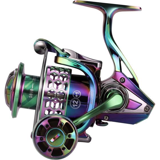 Sougayilang Fishing Reel, Colorful Aluminum Frame Spinning Reels with - 12+1 Stainless BB, Oversize Aluminum Handle for Saltwater or Freshwater Fishing