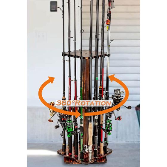 Ghosthorn Fishing Rod Holders for Garage 360 Degree Rotating Fishing Pole Rack, Floor Stand Holds up to 16 Rods Wood Fishing Gear Equipment Storage Organizer, Fishing Gifts for Men