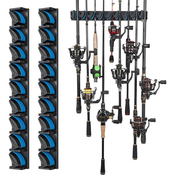 PLUSINNO 2 pack Vertical Fishing Rod rack, Wall Mounted Fishing Rod holder, 2 Packs Fishing Pole Holders Hold Up to 18 Rods or Combos, Fishing rod holders for garage, Fits Most Rods of Diameter 3-19mm
