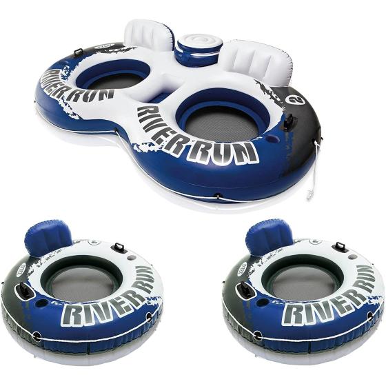 Intex River Run II Inflatable Double Rider Inntertube with Built-in Cooler and Cupholders with River Run I Single Floating Water Rafts (2 Pack)
