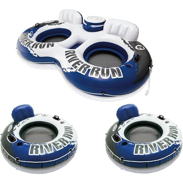 Intex River Run II Inflatable Double Rider Inntertube with Built-in Cooler and Cupholders with River Run I Single Floating Water Rafts (2 Pack)