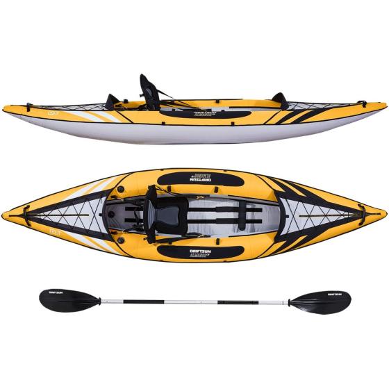 Driftsun Almanor Inflatable Recreational Touring Kayak with EVA Padded Seats with High Back Support, Includes Paddles, Pump (1 Person, 2 Person, 2 Plus 1 Child)