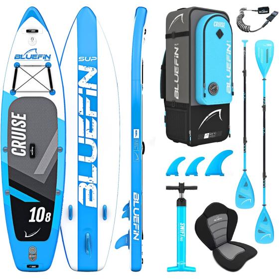 Bluefin Cruise SUP Package | Stand Up Inflatable Paddle Board | 6” Thick | Fibreglass Paddle | Kayak Conversion Kit | All Accessories | 5 Year Warranty | Multiple Sizes: Kids, 10’8, 12’, 15’