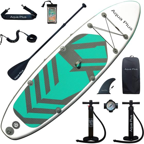 Aqua Plus 6inches Thick Inflatable SUP for All Skill Levels Stand Up Paddle Board,Paddle,Double Action Pump,ISUP Travel Backpack, Leash,Shoulder Strap,Youth,Adult Inflatable Paddle Board