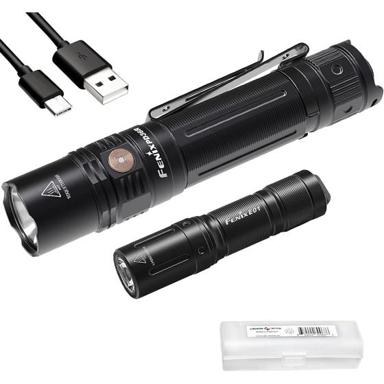 Fenix Gift Bundle PD36R 1600 Lumen Rechargeable Flashlight with E01 V2 Pocket Flashlight and Lumentac Organizer