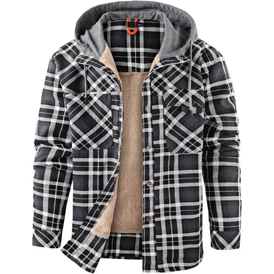 NEWHALL Men's Classic Plaid Long Sleeve Buttons Camping Warm Lining with Thick Cotton Hooded Shirt Jacket