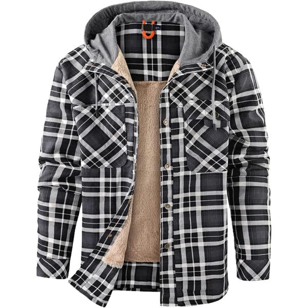 NEWHALL Men's Classic Plaid Long Sleeve Buttons Camping Warm Lining with Thick Cotton Hooded Shirt Jacket