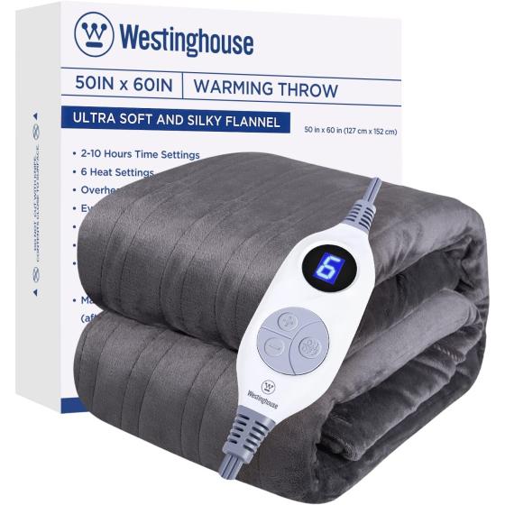 Westinghouse Heated Blanket, Electric Throw with 6 Heating Levels, 4 Hour Auto Off, Overheat Protection, Machine Washable, Flannel (Throw, 50x60 Inches, Grey)