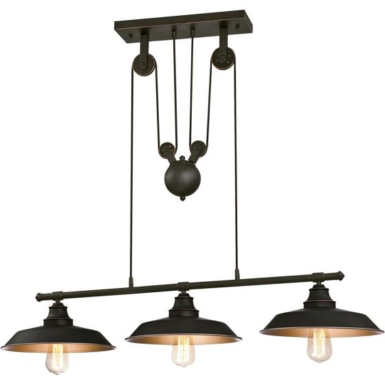 Westinghouse 6332500 Iron Hill Three-Light Indoor Island Pulley Pendant, Finish with Highlights and Metallic Interior, 3, Oil Rubbed Bronze/Bronze