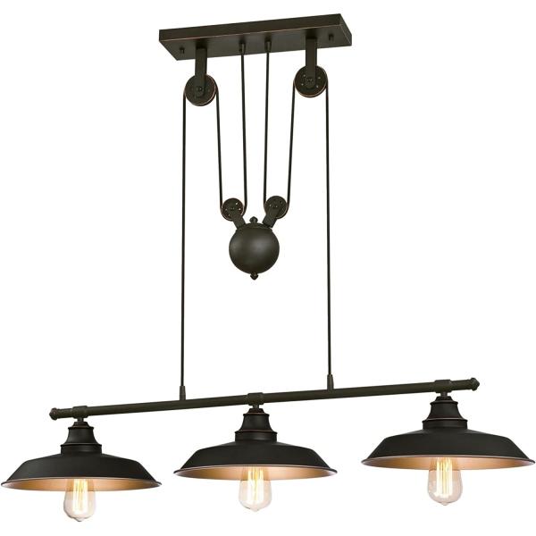 Westinghouse 6332500 Iron Hill Three-Light Indoor Island Pulley Pendant, Finish with Highlights and Metallic Interior, 3, Oil Rubbed Bronze/Bronze