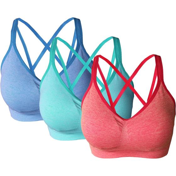 AKAMC 3 Pack Women's Medium Support Cross Back Wirefree Removable Cups Yoga Sport Bra